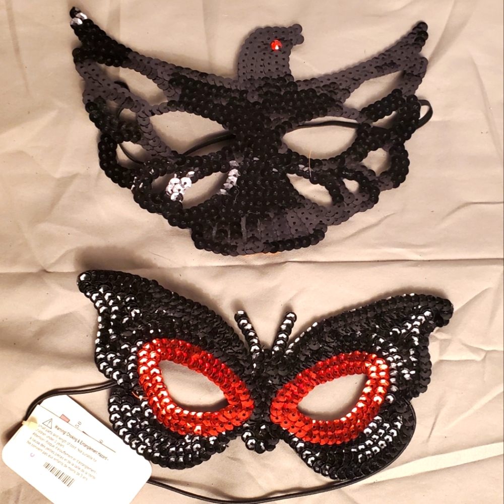 Fancy Halloween Costume Face Masks Set of 2 New Butterfly & Bird Black Sequin